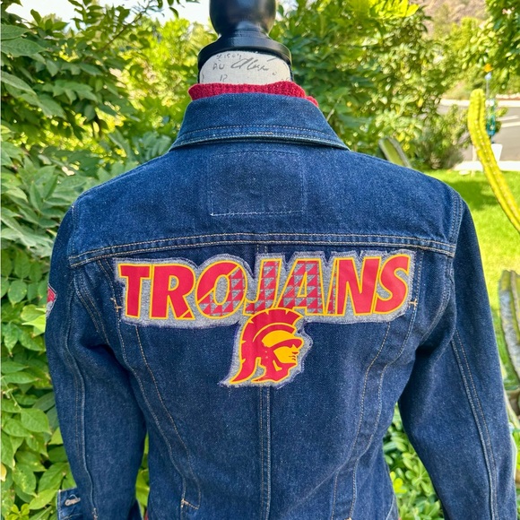 Guess Blue Jean Jacket with Red and Yellow Trojans Logo - Picture 1 of 3